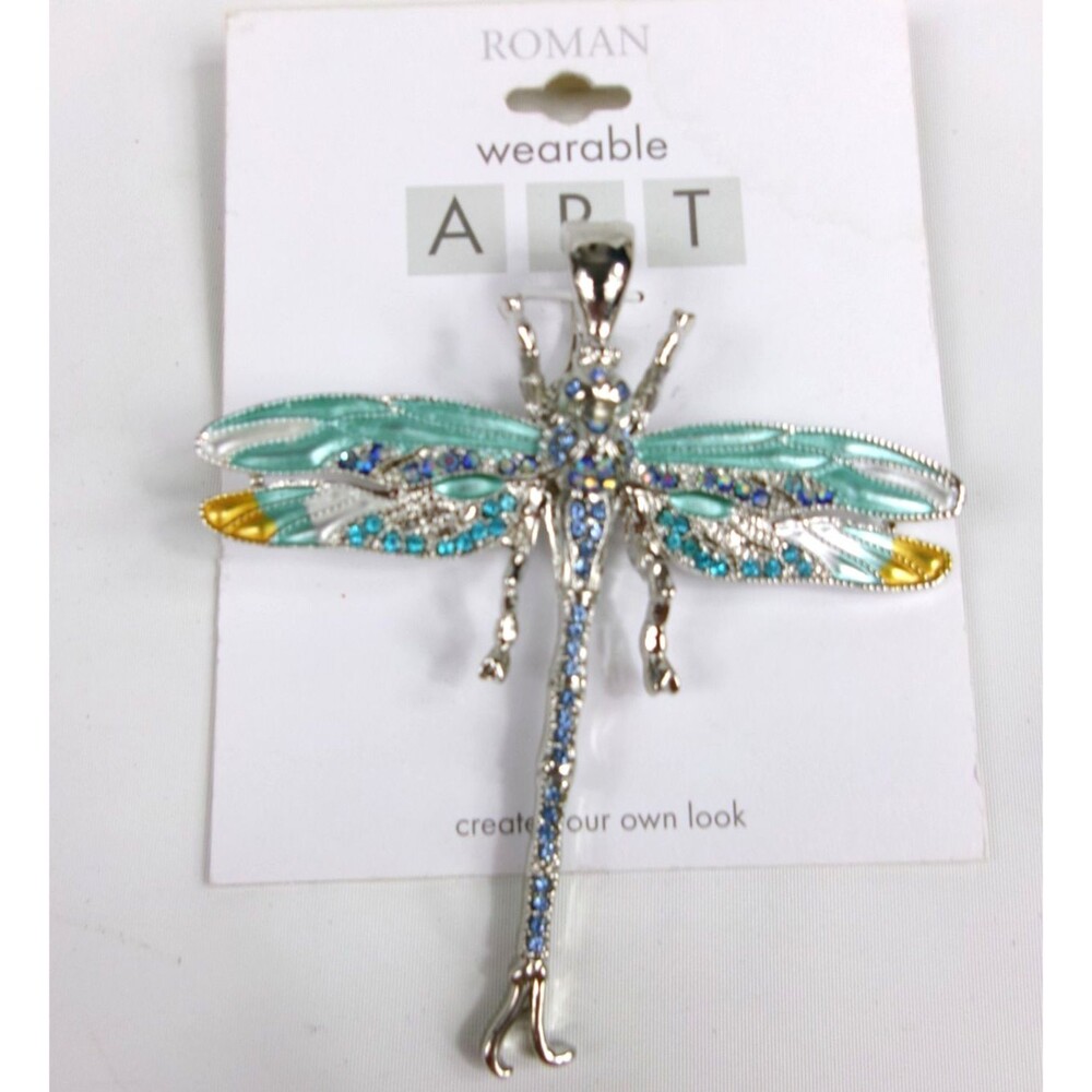 Wearable Art by Roman Dragonfly Silver Tone Statement Pendant Jewelry 3.5" New
